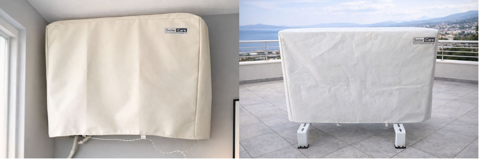 Εκρού προστατευτικό κάλυμμα κλιματιστικού SolarCare από αδιάβροχο τεντόπανο υψηλής ποιότητας για προστασία της εξωτερικής μονάδας.